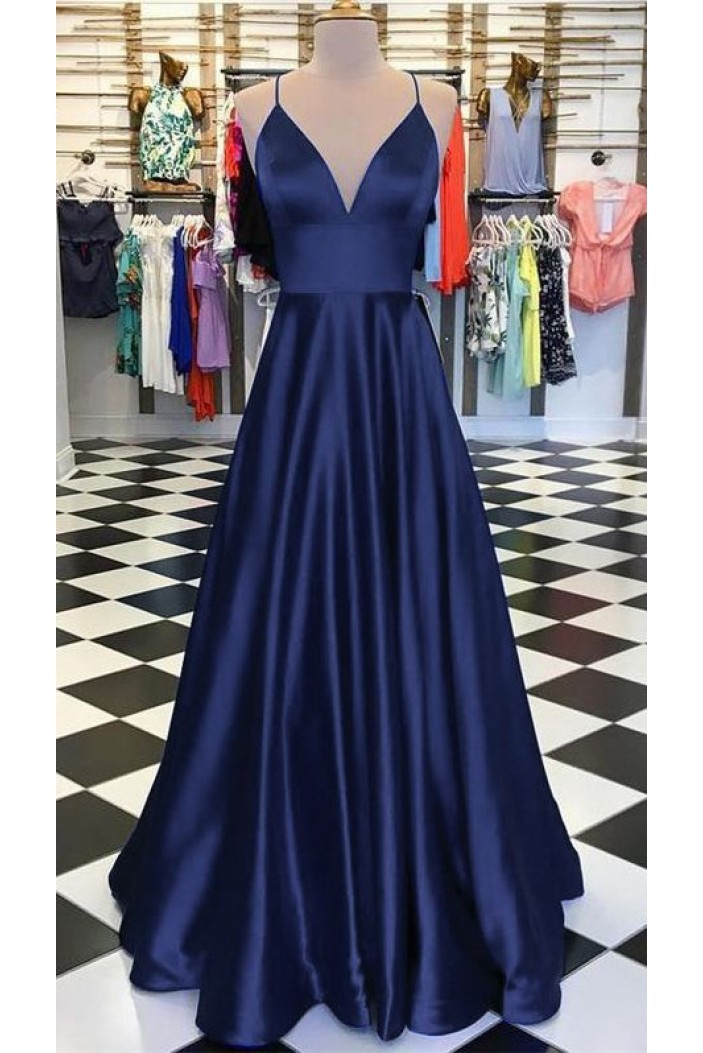 A-Line Long Satin V-Neck Prom Dresses Formal Evening Gowns 6011591