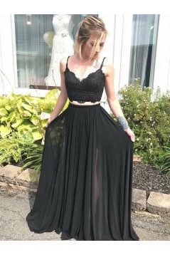 Long Black Beaded Lace Two Pieces Prom Dresses Formal Evening Gowns 6011606