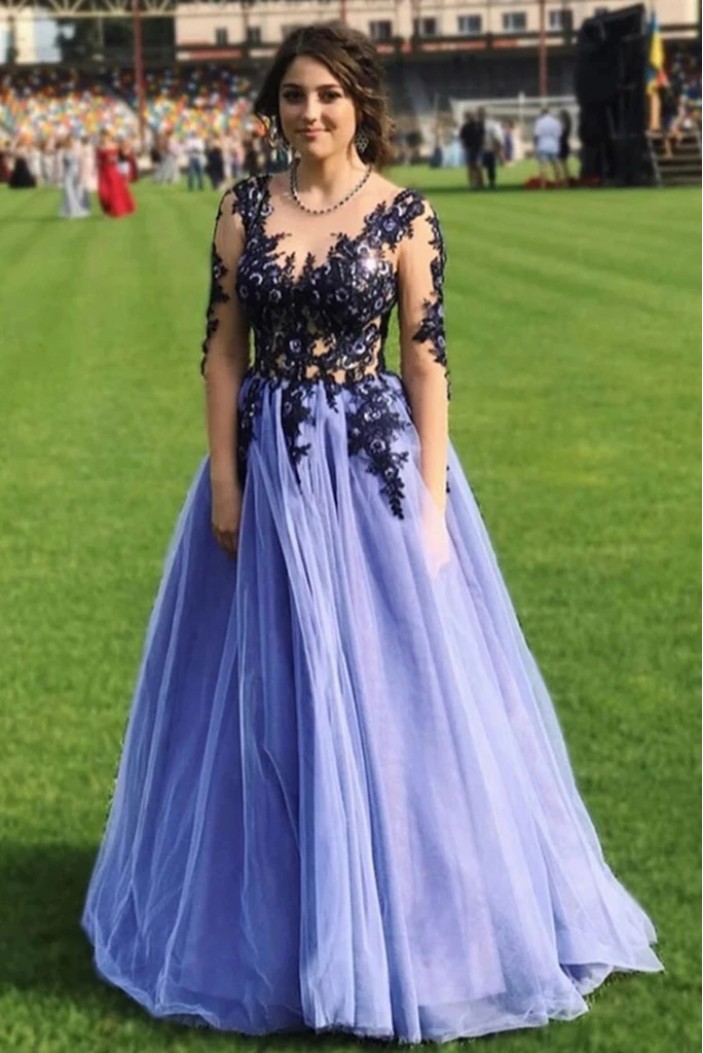 A-Line Lace Tulle Long Prom Dresses Formal Evening Gowns 6011609