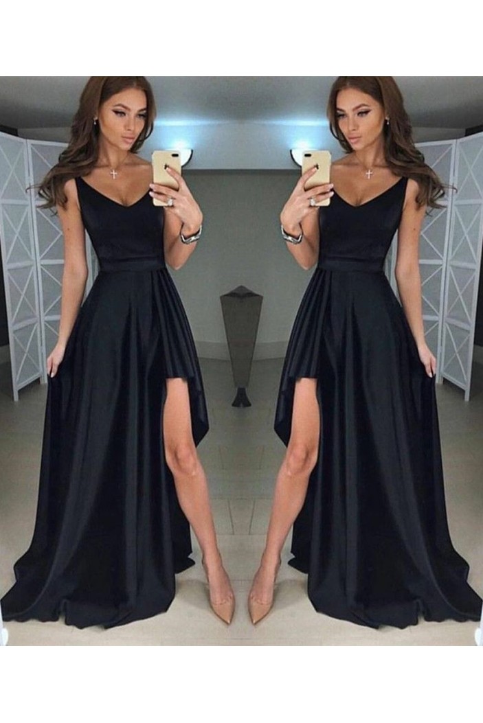 Long Black Asymmetrical V-Neck Prom Dresses Formal Evening Gowns 6011615