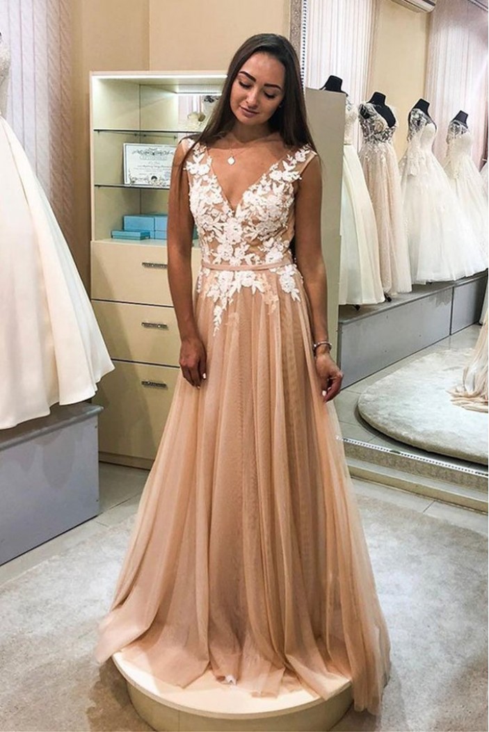 A-Line Tulle Lace V-Neck Long Prom Dresses Formal Evening Gowns 6011622