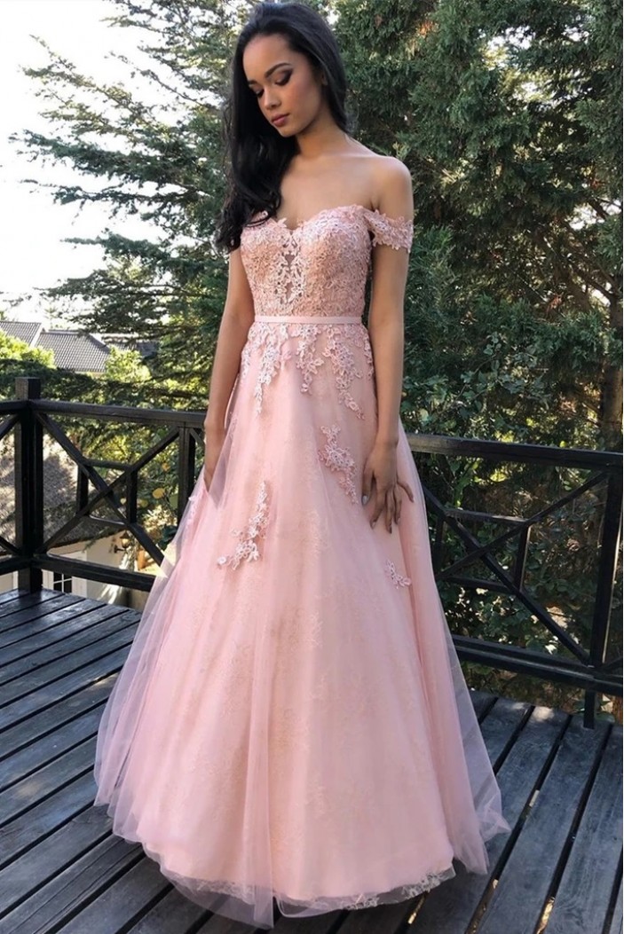 A-Line Long Pink Lace Prom Dresses Formal Evening Gowns 6011630