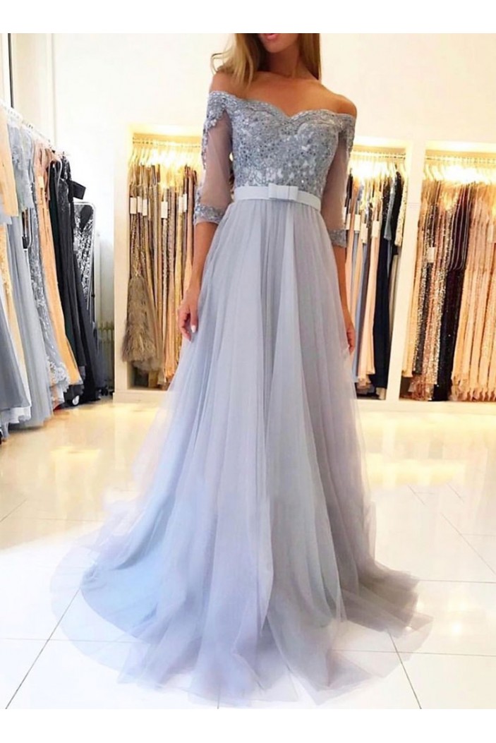 A-Line Off-the-Shoulder Lace Tulle Long Prom Dresses Formal Evening Gowns 601815