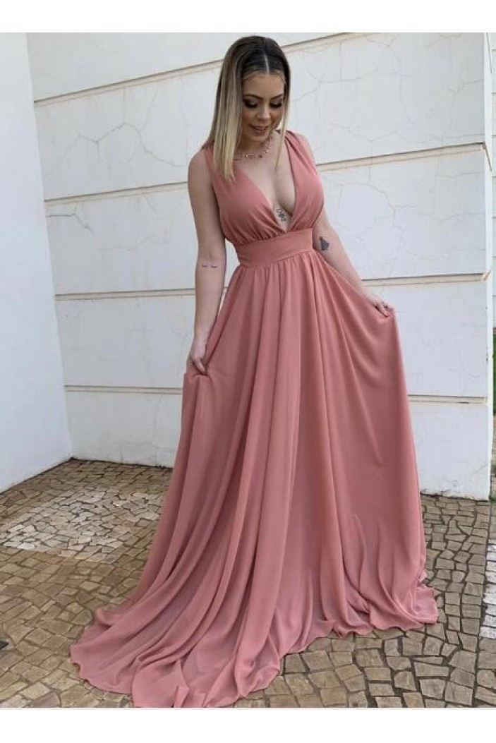 A-Line Chiffon V-Neck Long Prom Dresses Formal Evening Gowns 601820