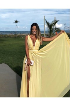 A-Line V-Neck Long Prom Dresses Formal Evening Gowns with Side Slit 601823