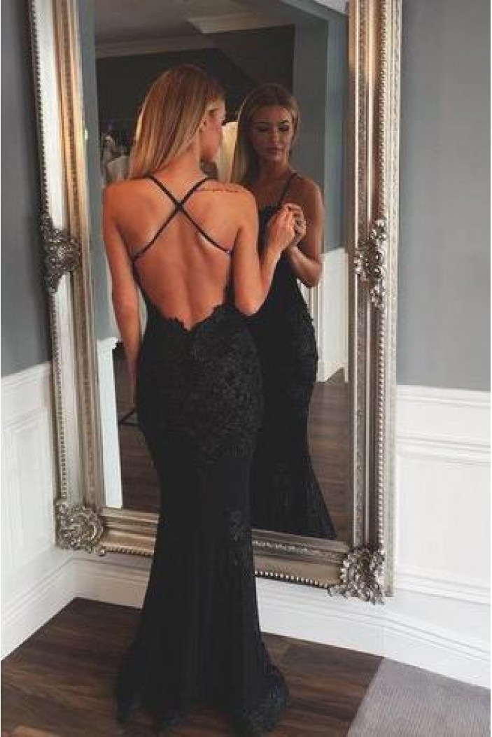 Long Black Lace Spaghetti Straps Prom Dresses Formal Evening Gowns 601838