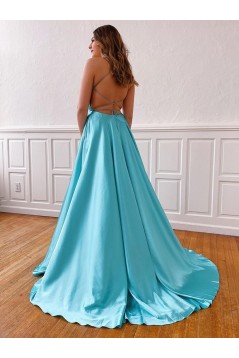 A-Line Spaghetti Straps V-Neck Long Prom Dresses Formal Evening Gowns with Pockets 601849