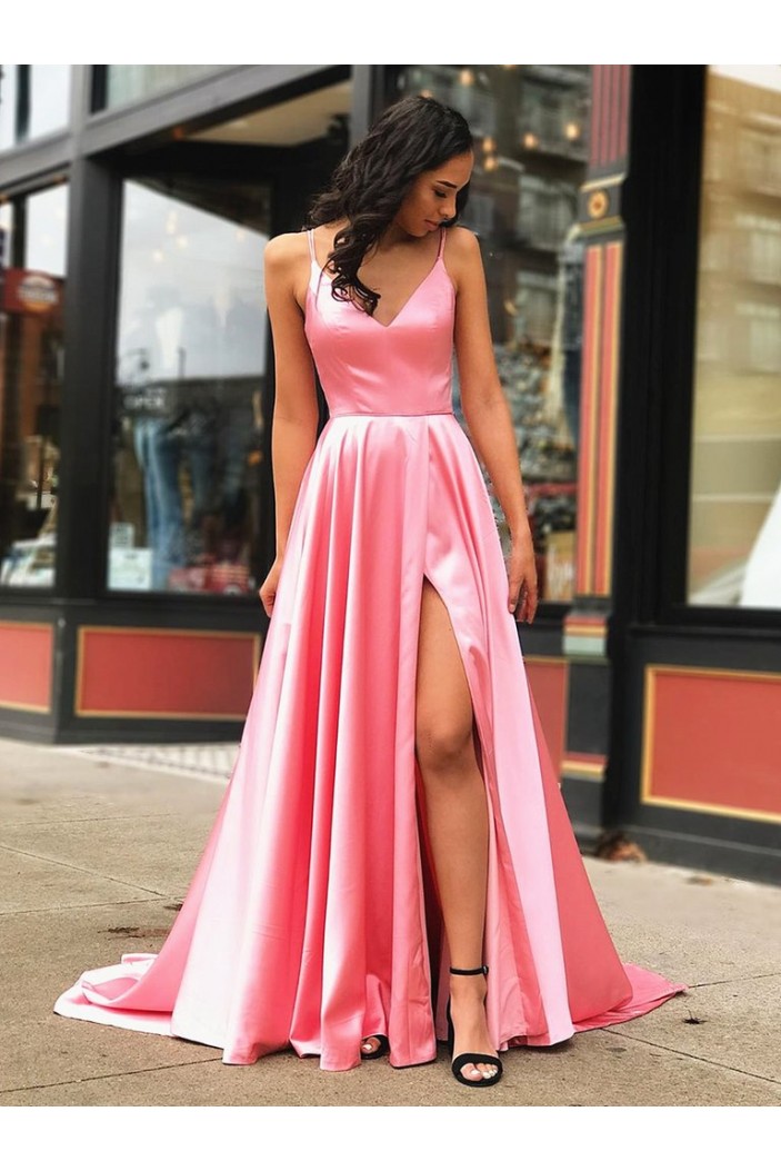 A-Line Spaghetti Straps V-Neck Long Prom Dresses Formal Evening Gowns 601854