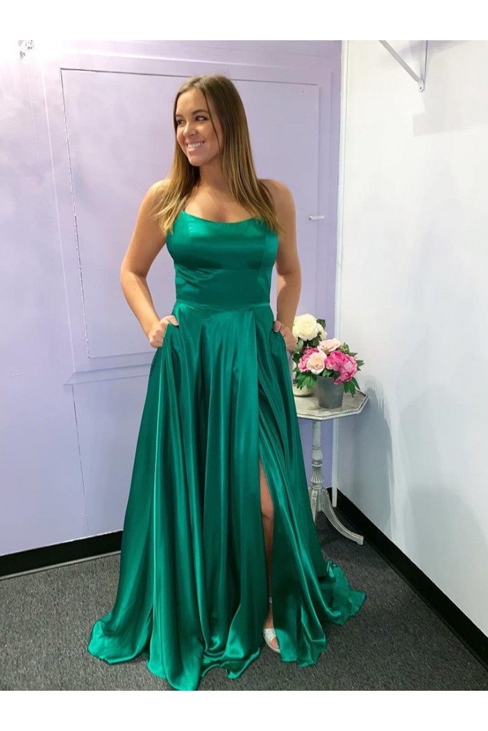 A-Line Spaghetti Straps Long Green Prom Dresses Formal Evening Gowns 601857