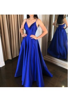 A-Line V-Neck Royal Blue Long Prom Dresses Formal Evening Gowns 601875