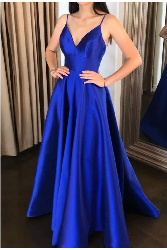 A-Line V-Neck Royal Blue Long Prom Dresses Formal Evening Gowns 601875