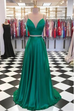 A-Line Two Pieces Green Long Prom Dresses Formal Evening Gowns 601892