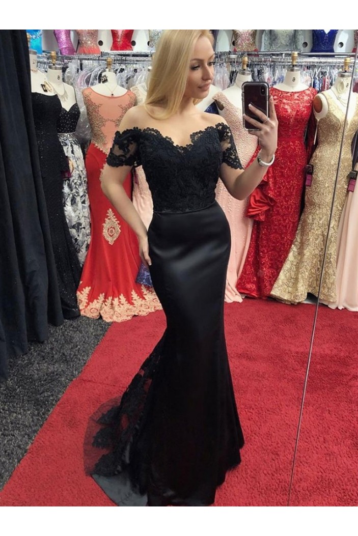 Mermaid Lace Off-the-Shoulder Long Black Prom Dresses Formal Evening Gowns 601905
