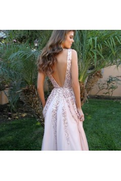 A-Line V-Neck Beaded Long Prom Dresses Formal Evening Gowns 601915