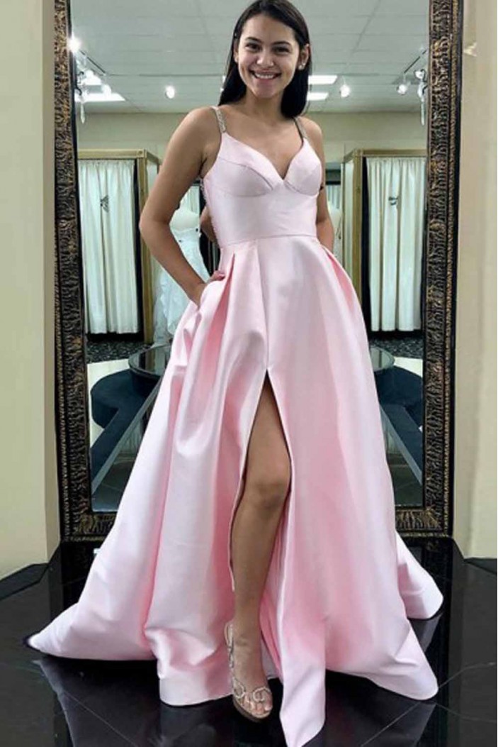 A-Line Long Pink V-Neck Long Prom Dresses Formal Evening Gowns 601919