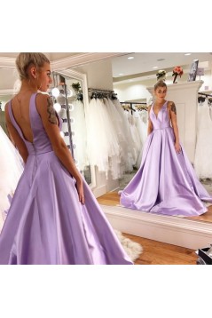 A-Line V-Neck Long Satin Prom Dresses Formal Evening Gowns 601921