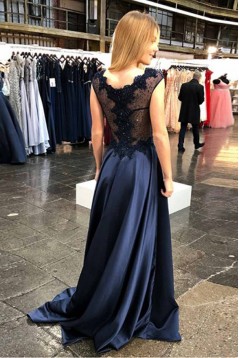 A-Line Lace V-Neck Long Prom Dresses Formal Evening Gowns 601922