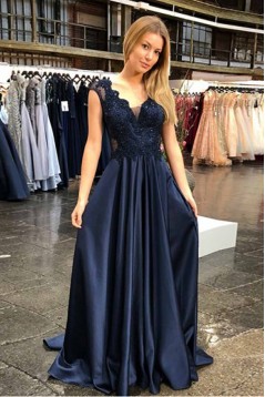 A-Line Lace V-Neck Long Prom Dresses Formal Evening Gowns 601922