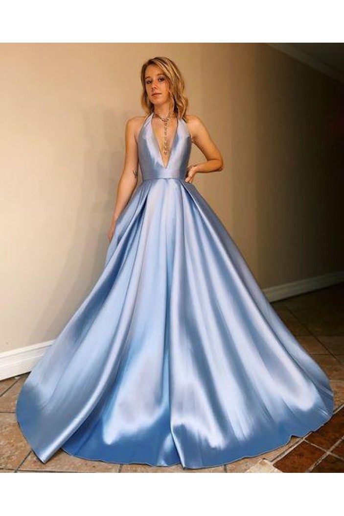 A-Line Backless V-Neck Long Prom Dresses Formal Evening Gowns 601938