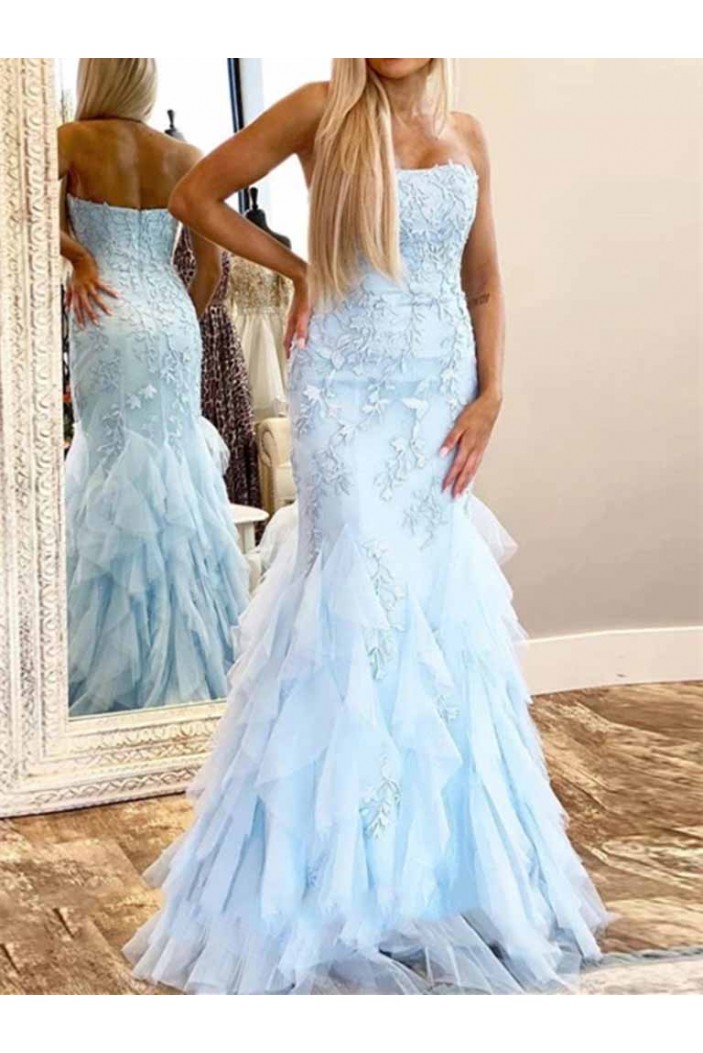 Mermaid Strapless Lace Tulle Long Prom Dresses Formal Evening Gowns 601943