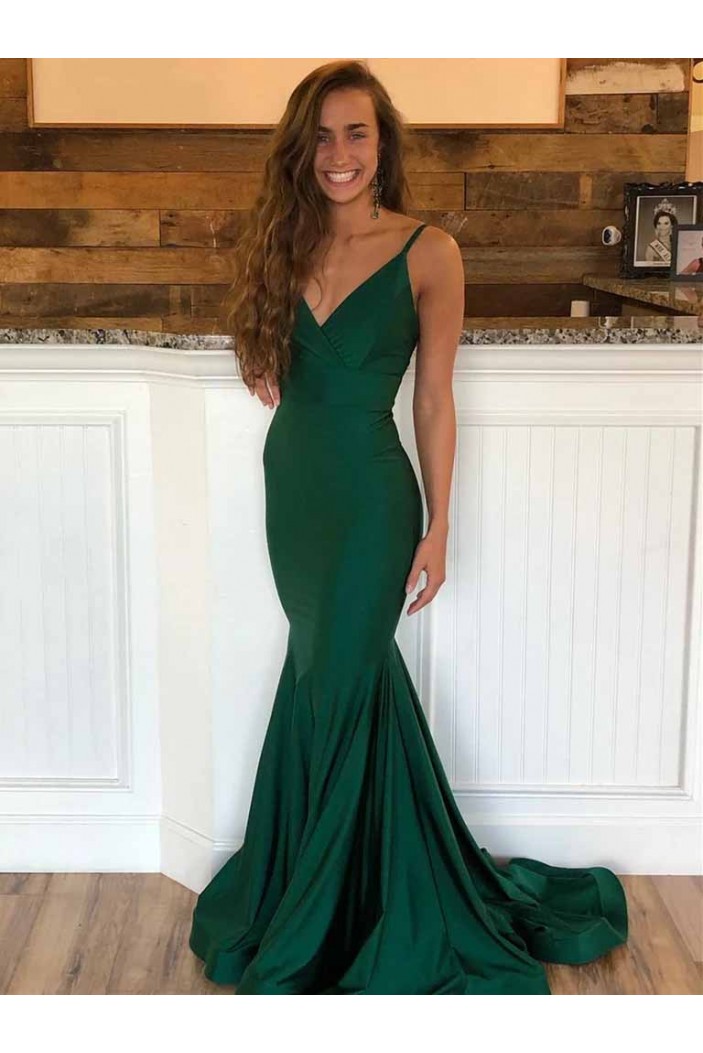 Mermaid V-Neck Long Green Prom Dresses Formal Evening Gowns 601956