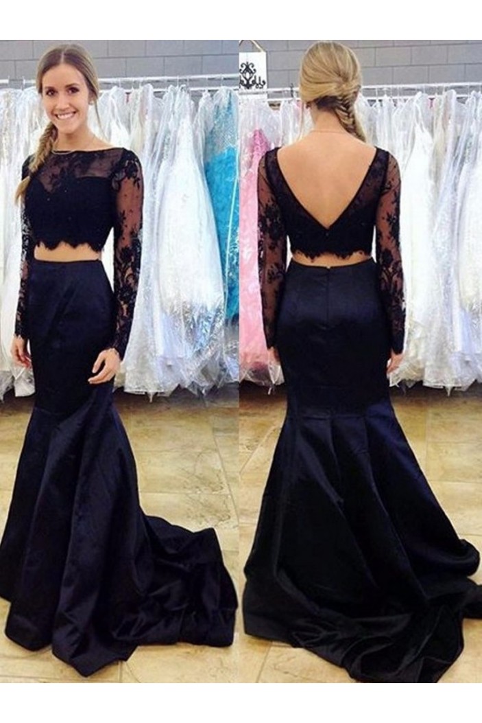 Long Sleeves Lace Satin Two Pieces Prom Dresses Formal Evening Gowns 601959