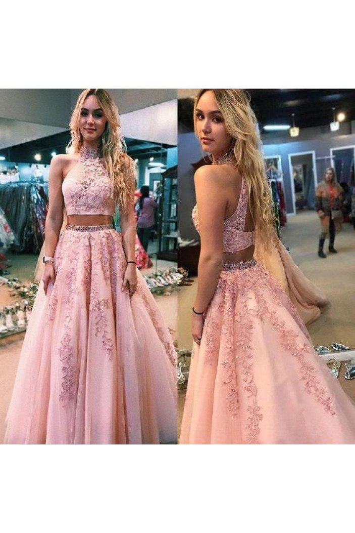 A-Line Beaded Lace Two Pieces Long Prom Dresses Formal Evening Gowns 601964