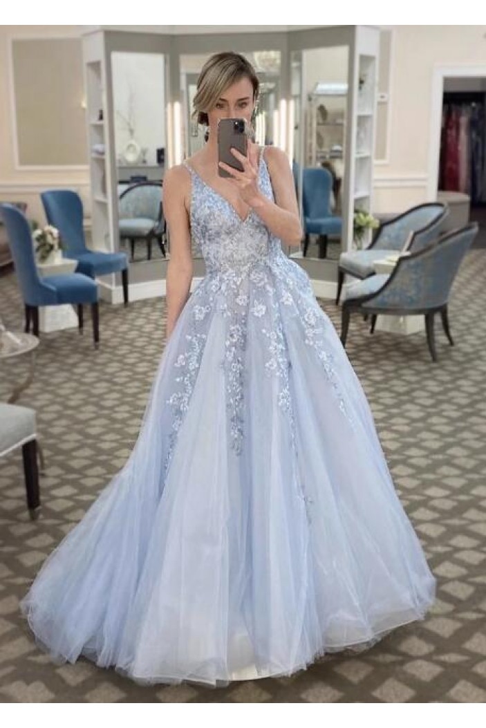 A Line Tulle Lace V Neck Long Prom Dresses Formal Evening Gowns 601973 