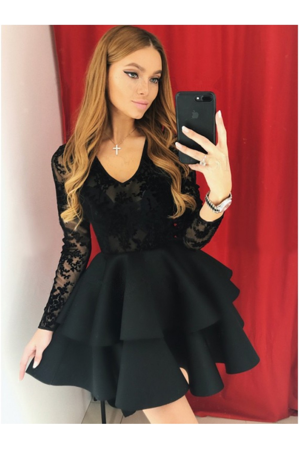 Short Black Prom Dress Long Sleeves Lace Graduation Cocktail