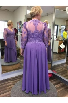 Elegant Long Purple Chiffon and Lace Mother of the Bride Dresses with Sleeves 702095