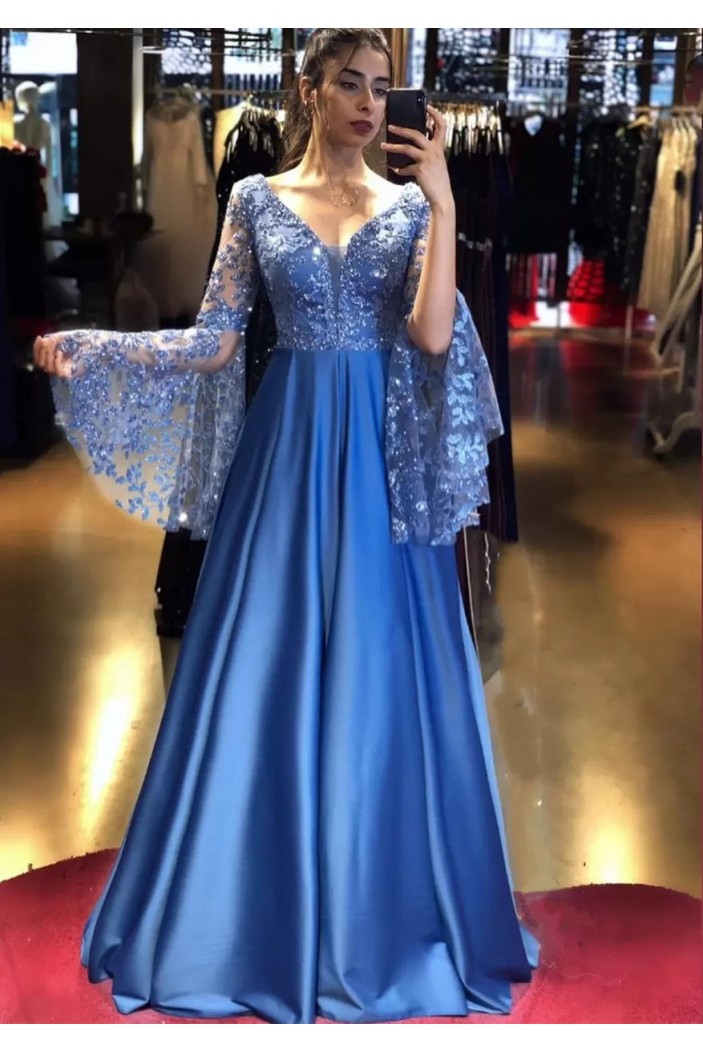 A-Line Long Blue Lace Mother of the Bride Dresses with Sleeves 702099