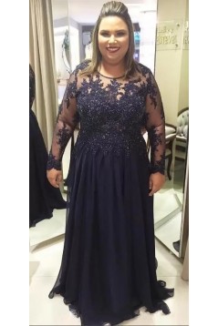 Long Navy Blue Beaded Chiffon and Lace Mother of the Bride Dresses with Sleeves 702104