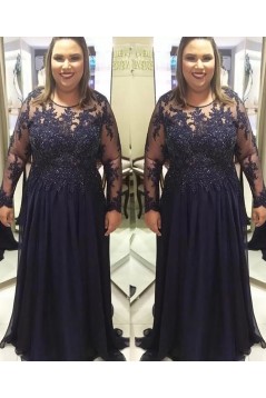 Long Navy Blue Beaded Chiffon and Lace Mother of the Bride Dresses with Sleeves 702104