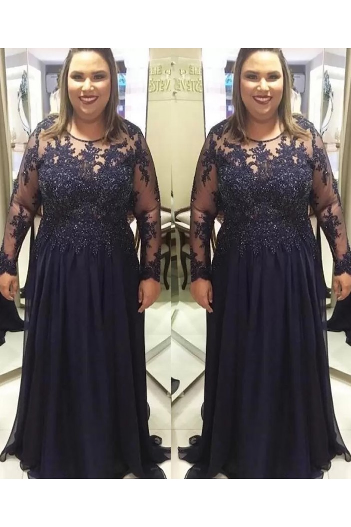 Long Navy Blue Beaded Chiffon and Lace Mother of the Bride Dresses with Sleeves 702104