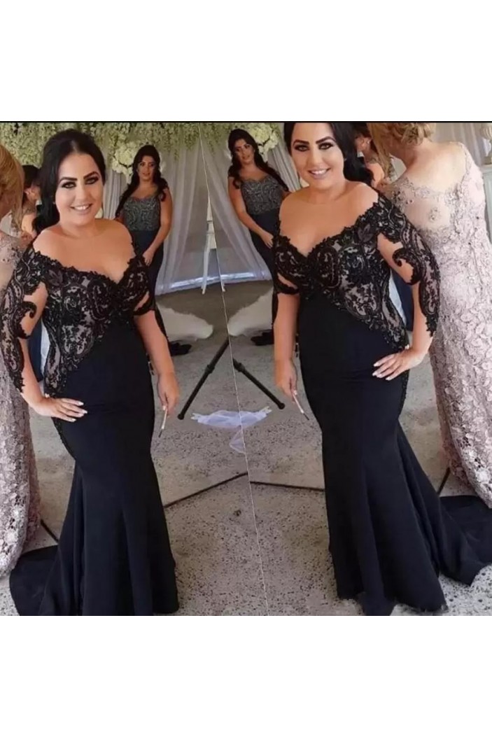 Long Black Mermaid Lace Mother of the Bride Dresses with Sleeves 702105