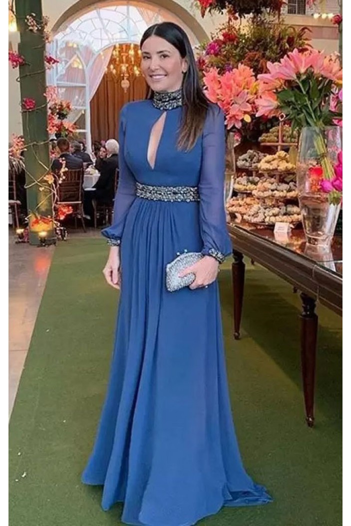Elegant A-Line Beaded Long Sleeves Chiffon Mother of the Bride Dresses with Sleeves 702109