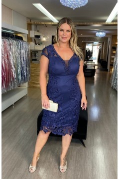 Short Navy Blue Beaded Lace Mother of the Bride Dresses 702127