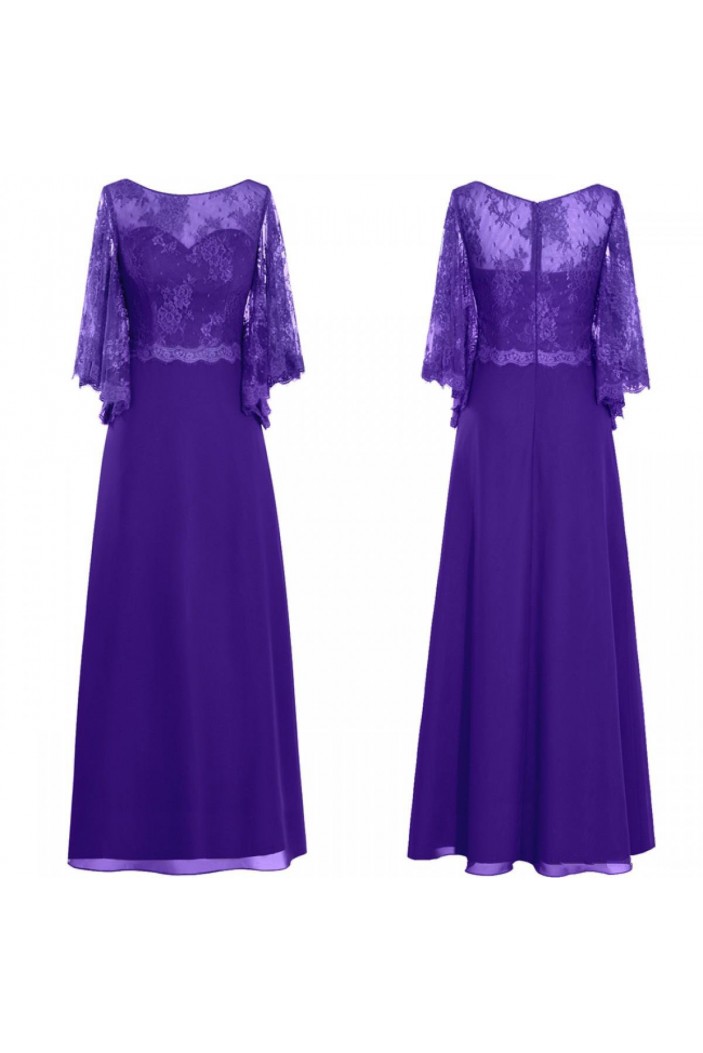 Elegant Long Purple Chiffon and Lace Mother of the Bride Dresses with Sleeves 702130