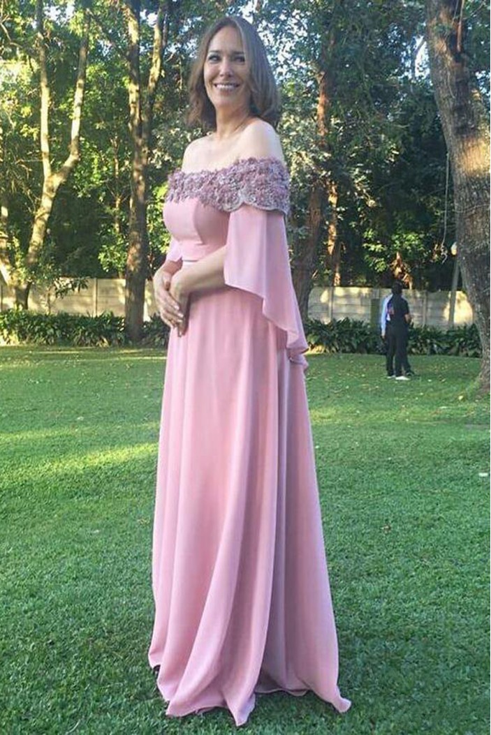 Long Pink Lace Off the Shoulder Mother of the Bride Dresses 702136