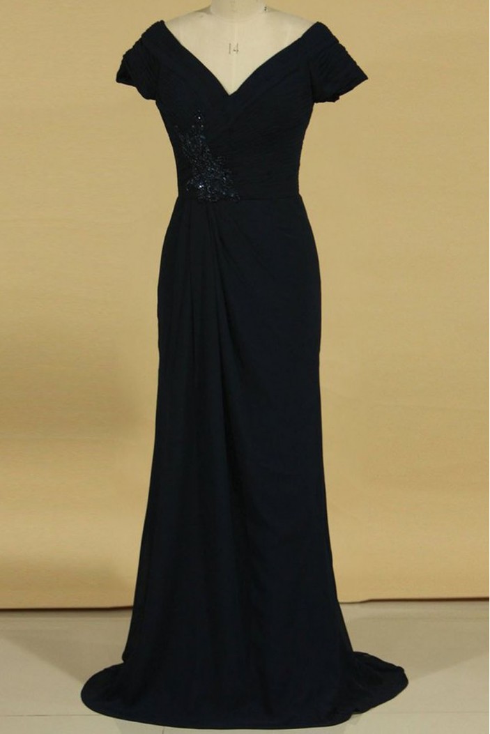 Long Black Chiffon Off the Shoulder Mother of the Bride Dresses 702138