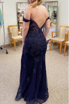 Mermaid Off the Shoulder Navy Blue Lace Mother of the Bride Dresses 702156
