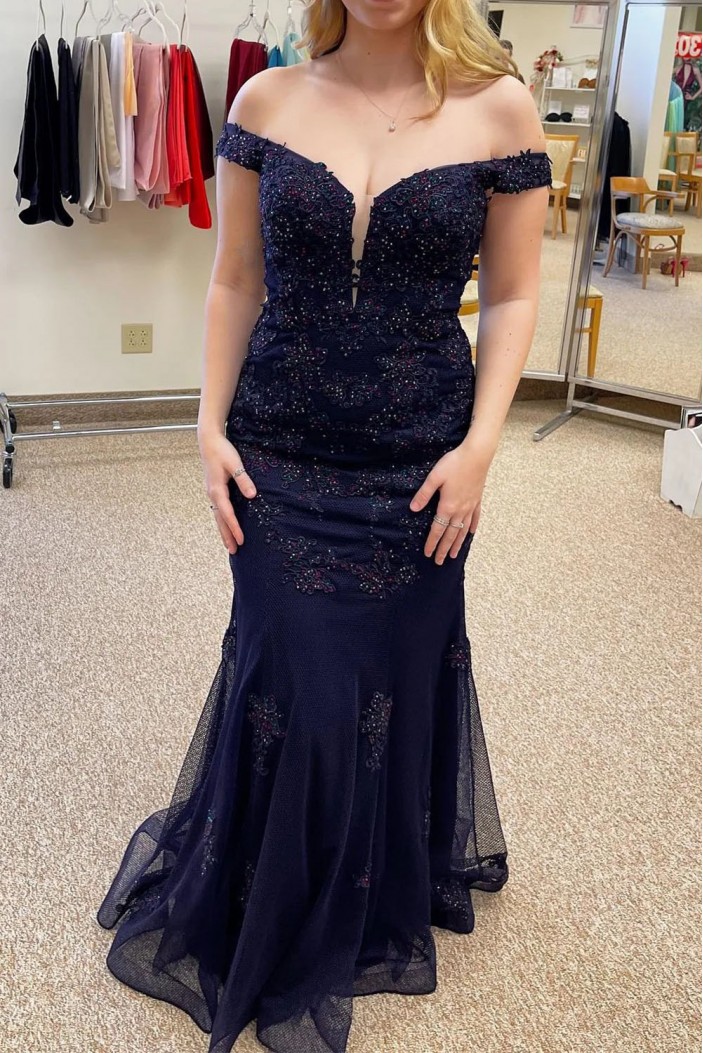 Mermaid Off the Shoulder Navy Blue Lace Mother of the Bride Dresses 702156