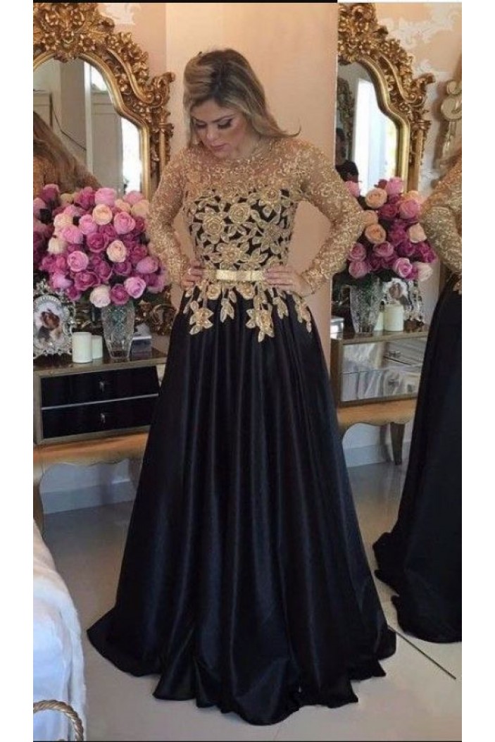 A-Line Long Black Mother of the Bride Dresses with Gold Lace 702157