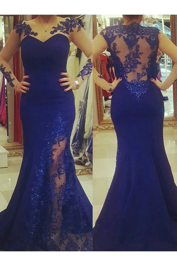 Long Mermaid Royal Blue Lace Mother of the Bride Dresses with Long Sleeves 702161