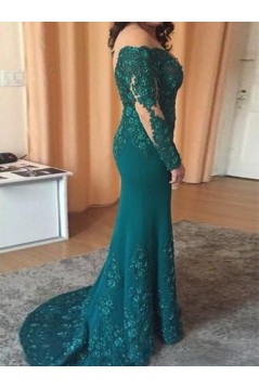 Long Green Mermaid Lace Mother of the Bride Dresses with Long Sleeves 702162