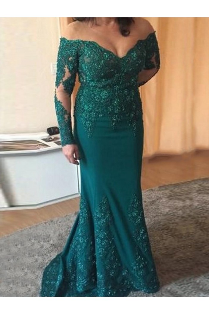 Long Green Mermaid Lace Mother of the Bride Dresses with Long Sleeves 702162