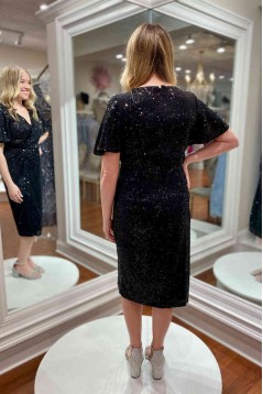 Short Black V Neck Sparkle Mother of the Bride Dresses 702175