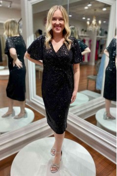 Short Black V Neck Sparkle Mother of the Bride Dresses 702175