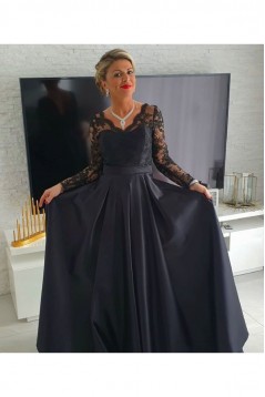 A-Line Long Black Lace and Satin Mother of the Bride Dresses 702178