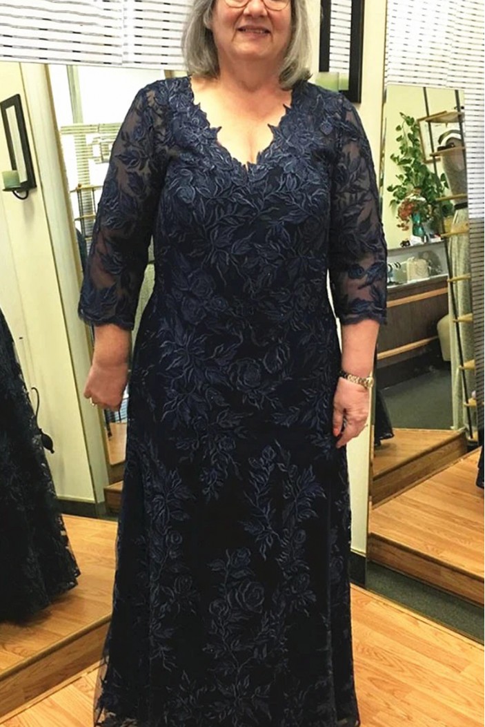 Long Navy Blue Lace Mother of the Bride Dresses 702183